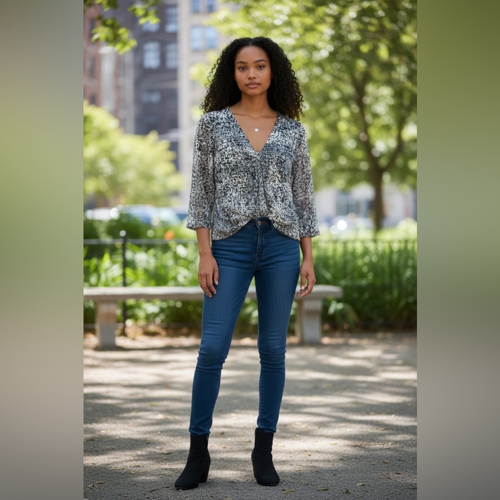 Liz Claiborne Black and White Printed V-Neck Blouse